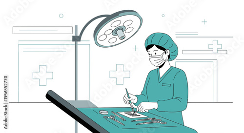Surgeon Performing Operation Under Surgical Lamp in Operating Room