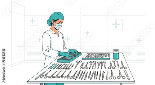 Surgeon preparing surgical instruments for operation in sterile operating room