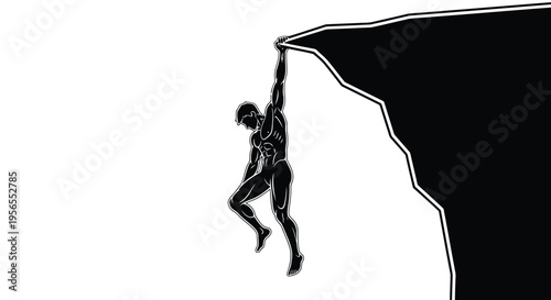 Man hanging from cliff edge in black silhouette isolated on white background