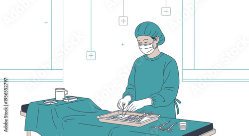 Surgeon preparing surgical instruments in operating room, sterile procedure, medical equipment
