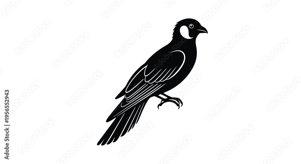 Fototapeta premium Black bird silhouette standing on one leg in minimalist flat design isolated on white background