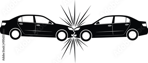 WebCar Accident Collision Silhouette, Two Sedans Frontal Crash Icon, Auto Insurance Claim, Road Safety Concept, Traffic Emergency Incident Vector Illustration