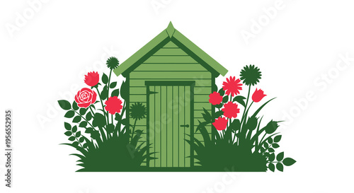 Green garden shed surrounded by colorful flowers flat vector silhouette