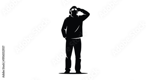 Man silhouette standing saluting with hand on forehead isolated on white background