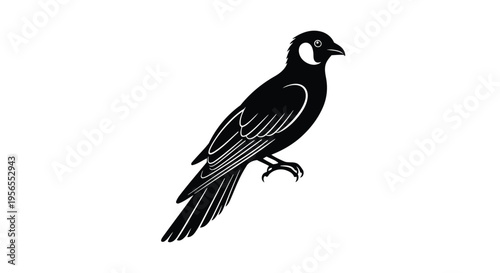 Black bird silhouette standing on one leg in minimalist flat design isolated on white background