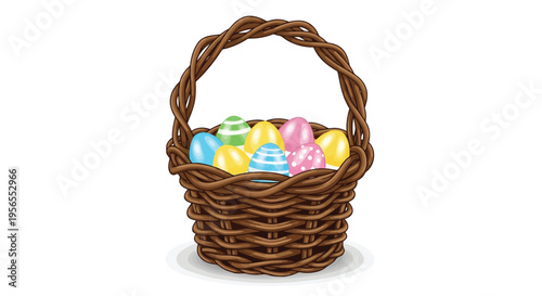 Brown wicker basket filled with colorful Easter eggs on , flat design isolated on white background