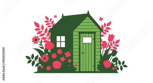 Charming green garden shed framed by vibrant red flowers silhouette