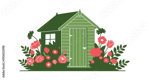 Charming garden shed with vibrant flowers a delightful outdoor silhouette