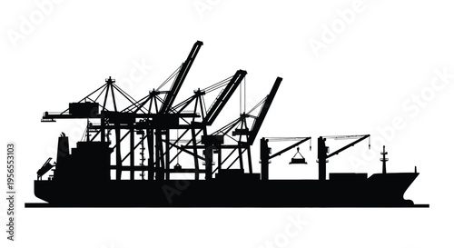 Industrial port scene with cargo ship and cranes a dark silhouette