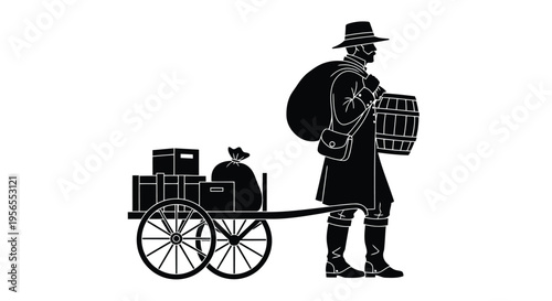 Black silhouette of man carrying barrel and pushing cart with goods isolated on white background