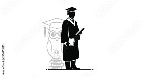 Graduate student silhouette holding books standing in front of owl symbol isolated on white background
