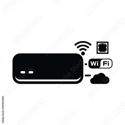Modern portable Wi-Fi router with strong signal, ethernet port, and cloud connectivity icons