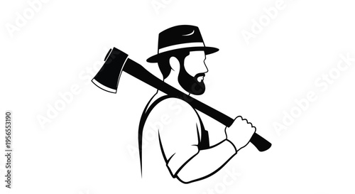 Man with beard holding axe over shoulder in profile minimalist flat vector isolated on white background