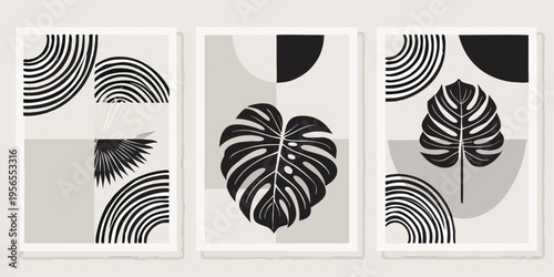 Minimalist botanical wall art featuring abstract shapes and monstera leaves