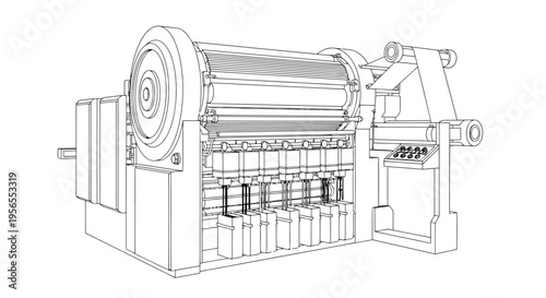 Detailed 3D rendering of industrial machine with cylindrical component and control panel isolated on white background