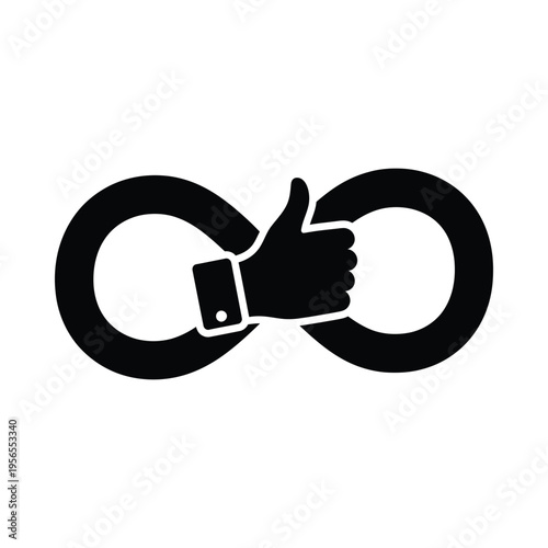 Infinity symbol with hand giving thumbs up, representing endless positivity and approval.