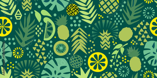 Tropical fruit and leaf pattern in shades of green and yellow