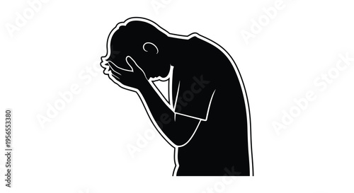 Man in silhouette covering face with hands expressing sadness or despair isolated on white background