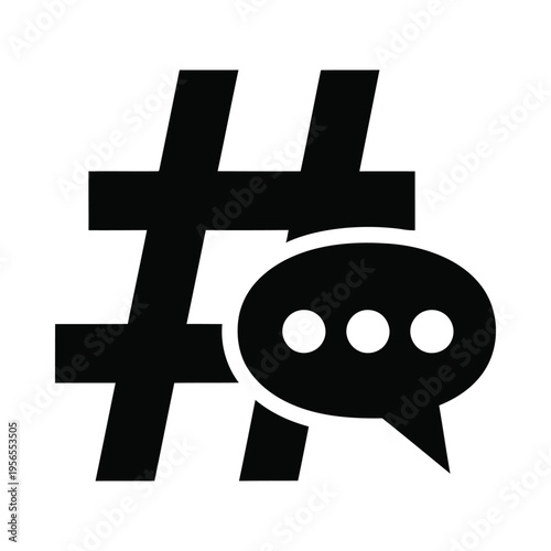 Hashtag symbol combined with speech bubble, representing social media communication and discussion