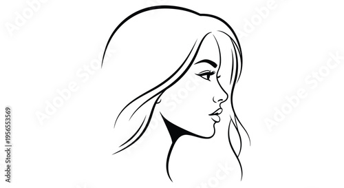 Minimalist line art illustration of a woman's face in profile with flowing hair isolated on white background