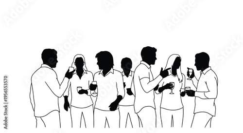 Group of people socializing in a minimalist black silhouette style against a isolated on white background