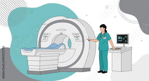 Radiologist operating MRI scanner with patient bed and control panel in clinic