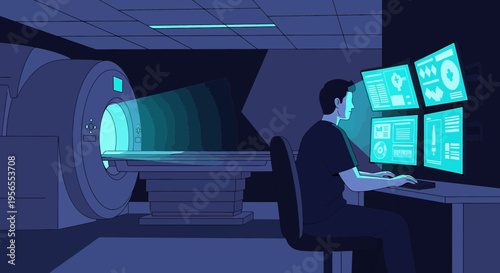 Radiologist operating MRI scanner with futuristic interface and patient data visualization