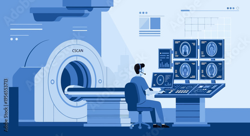 Radiologist Operating MRI Scanner in Modern Medical Imaging Center