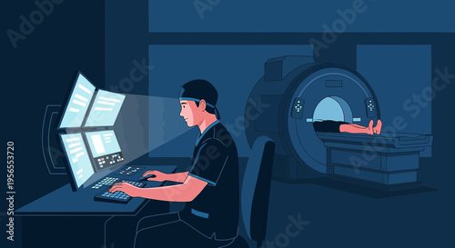 Radiologist operating MRI scanner with patient inside, modern medical technology