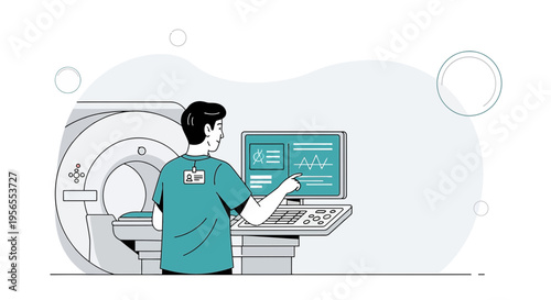 Radiologist Operating MRI Scanner with Patient Data on Screen