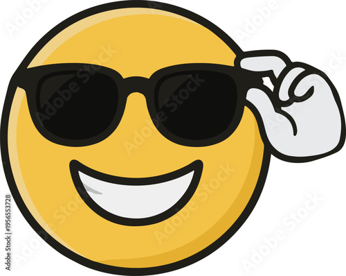 Cool Smiley Face Emoji with Sunglasses and Confident Smile Adjusting Glasses, Cheerful Cartoon Style Vector Illustration
