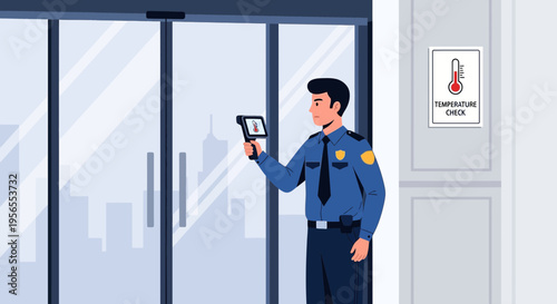 Security guard uses thermal scanner for temperature check at building entrance