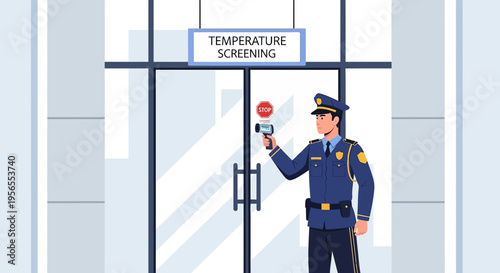 Security guard with thermometer gun checking temperature at building entrance for virus screening