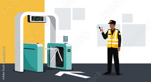 Security guard with scanner at modern turnstile gate for access control and entry system