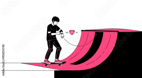 Skateboarder with Smartwatch and Heartbeat Icon on Ramp, Healthy Lifestyle Concept