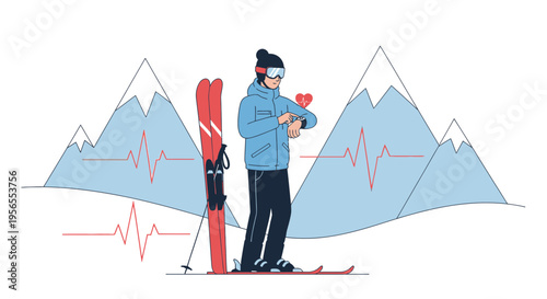 Skier checking heart rate on smartwatch in snowy mountains with electrocardiogram lines