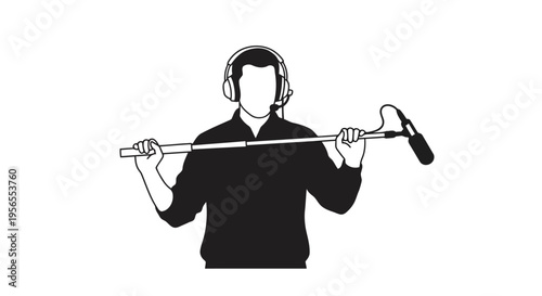 Silhouette of a man wearing headphones holding a boom microphone isolated on white background