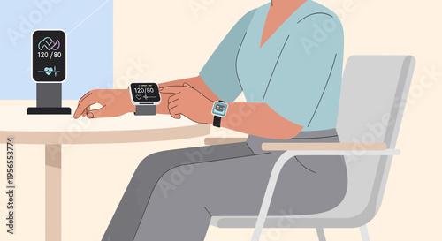 Smartwatch blood pressure monitoring, health tech, patient checking vital signs at home or clinic