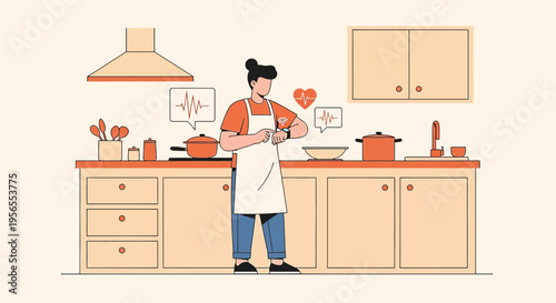 Smart kitchen, healthy cooking, person using smartwatch in modern kitchen, heart rate monitor