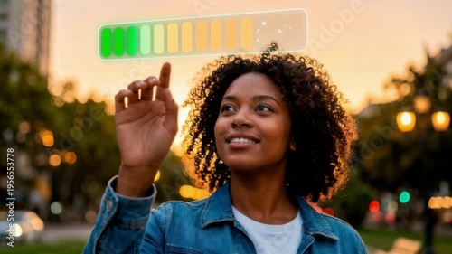 Close-up stock footage of young woman outdoors with glowing digital mood indicator bar above her head at golden hour, ideal for wellness and digital health videos