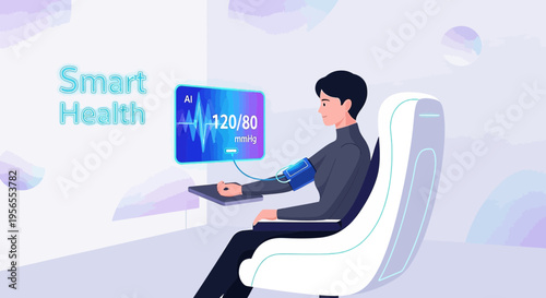 Smart health monitoring: person using futuristic device for blood pressure check with AI display