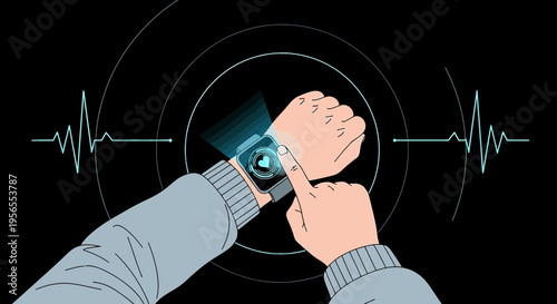 Smartwatch health monitoring: ECG, heart rate, and futuristic interface on wrist