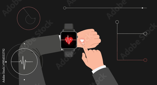 Smartwatch heart rate monitor with futuristic health data visualization