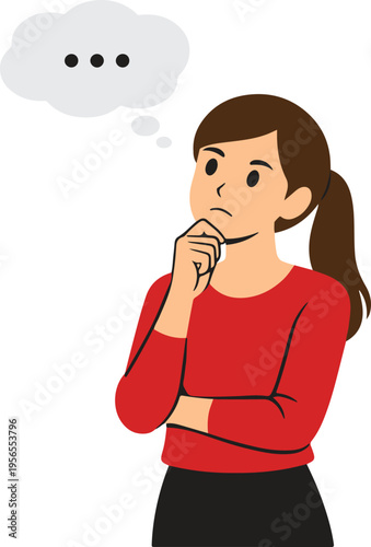 Thoughtful Woman in Red Shirt with Ellipsis Thought Bubble and Hand on Chin, Pondering Cartoon Style Vector Illustration
