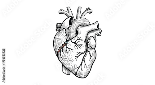 Detailed anatomical illustration of a human heart black and white silhouette