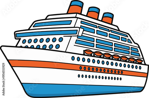 Large Cruise Ship Ocean Liner with Blue and Orange Funnels, Retro Vintage Style Vector Illustration

