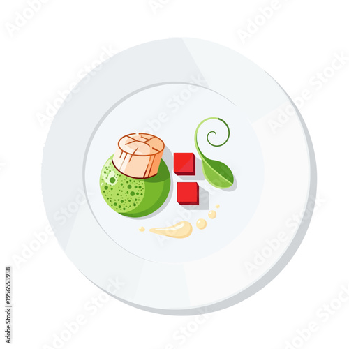 Gourmet Scallop Dish: Green Puree, Red Cubes, and Swirl Garnish on White Plate