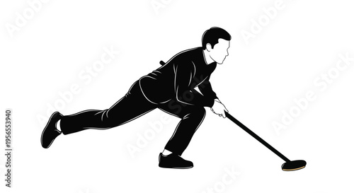 Man playing curling with broom and stone on ice silhouette isolated on white background