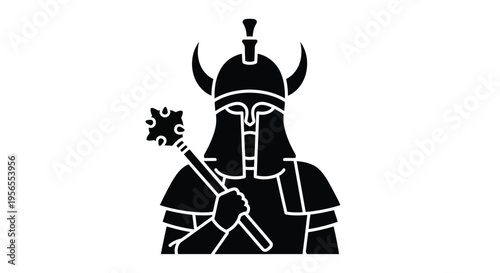 Black silhouette of a medieval knight warrior with horned helmet and spiked mace isolated on white background