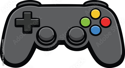 Dark Grey Game Controller with Colorful Face Buttons and Analog Sticks, Flat Cartoon Style Vector Illustration
